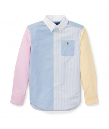 Polo Rl Blue & Striped Color Block Shirt Wt Yellow And Pink Sleeve